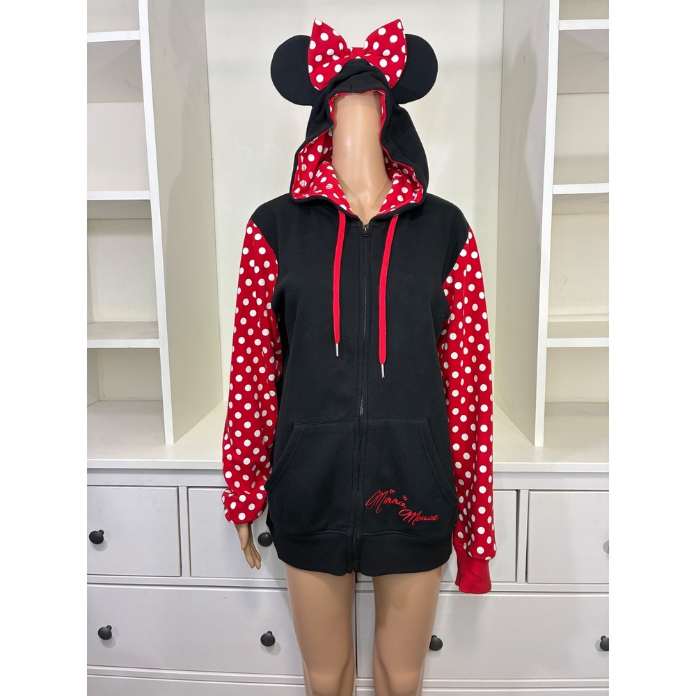 Sold.  Disney Parks Minnie Mouse Polka Dot Zip Up Hoodie Ears Bow Black